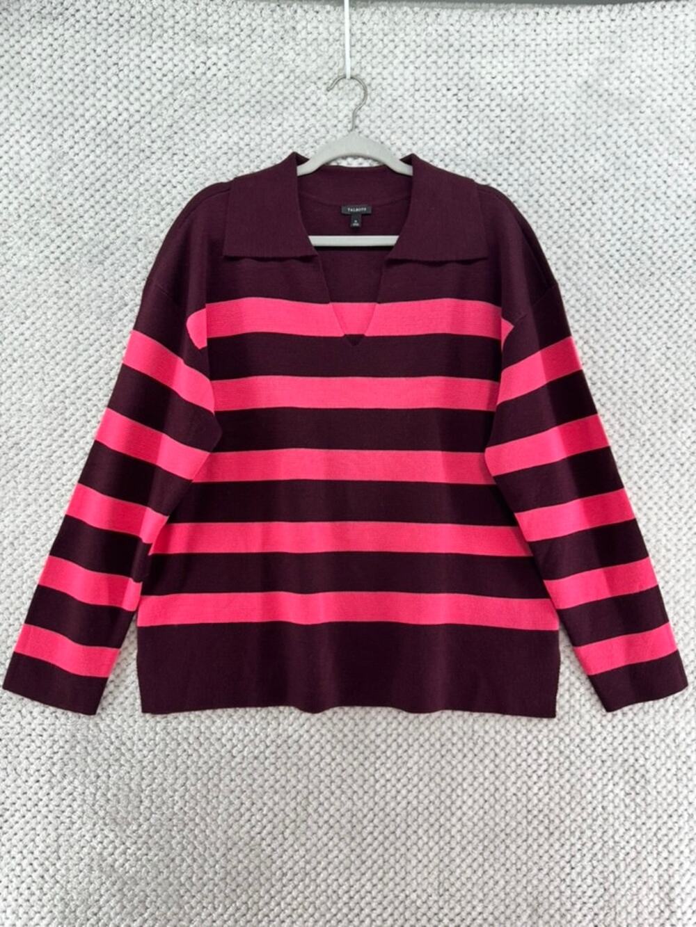 Talbots Rugby Sweater Womens XL Burgundy Pink Striped Wool Blend Collar V-Neck